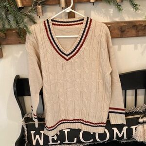 Cream Cable Knit V-Neck Sweater with Red & Navy Stripe Trim